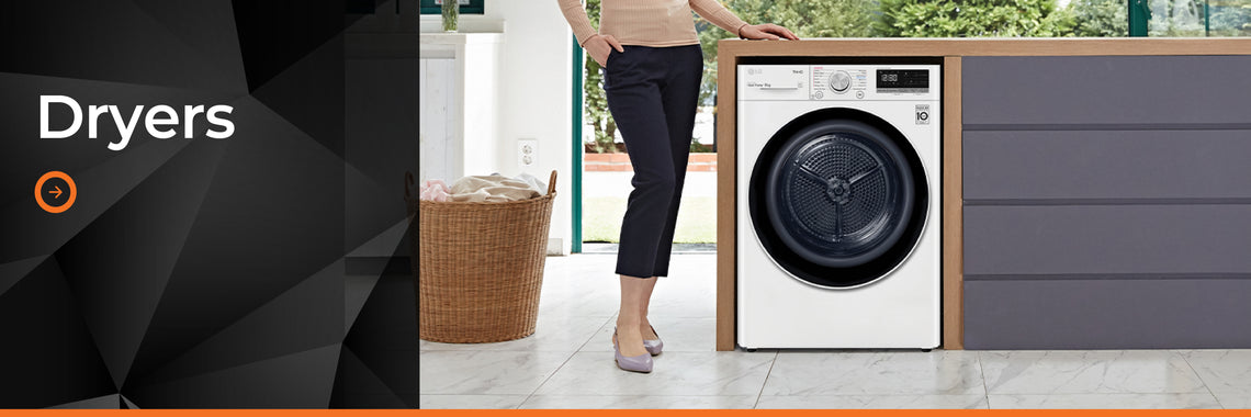 A person stands in a modern kitchen with a white dryer appliance next to a cabinet, and a laundry basket nearby. Available at Save On Appliances