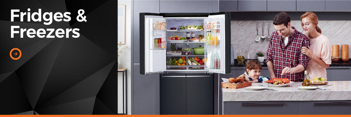 A well-stocked fridge with various food items, two individuals in a kitchen. Available at Save On Appliances