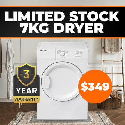 Promotional banner for an Altus 7kg dryer with a 3 year warranty and on sale for $349