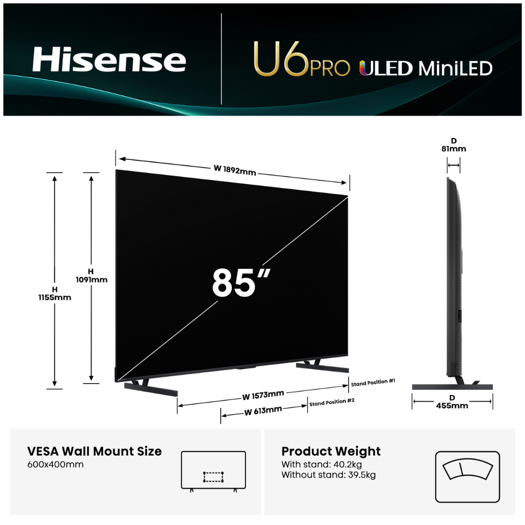 Hisense 85" U6QAU PRO 4K QLED 144Hz Smart TV (2025)