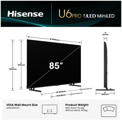 Hisense 85" U6QAU PRO 4K QLED 144Hz Smart TV (2025)