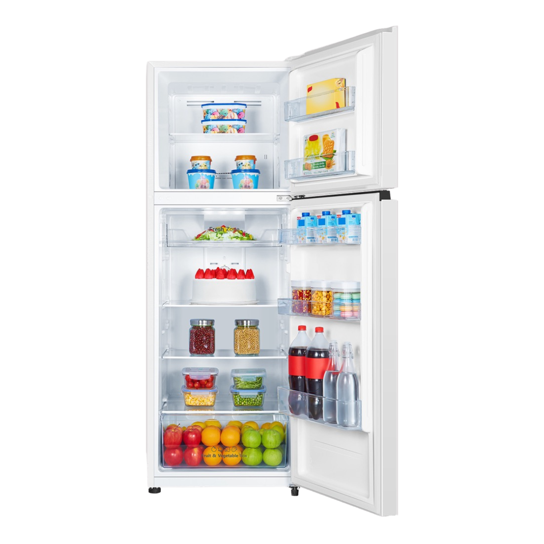 Hisense HRTF325 Top Mount Fridge image of the fridge open and at full capacity 