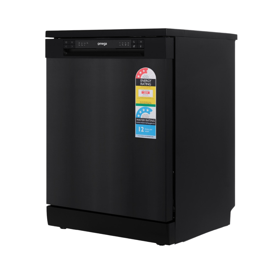 Omega ODWF6014BX Freestanding Dishwasher in black image at an angle