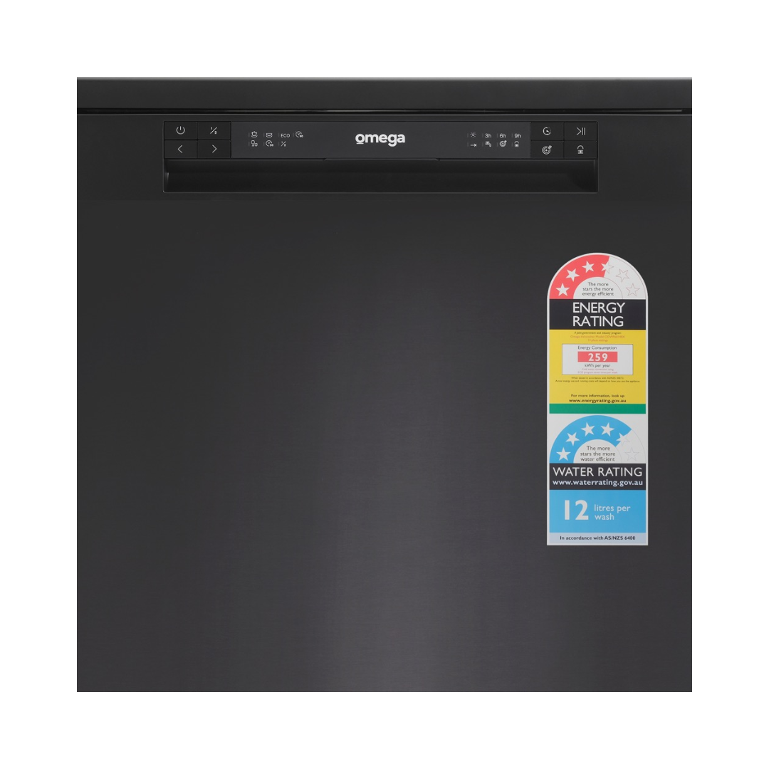 Omega ODWF6014BX Freestanding Dishwasher in Black image of the controls and functions