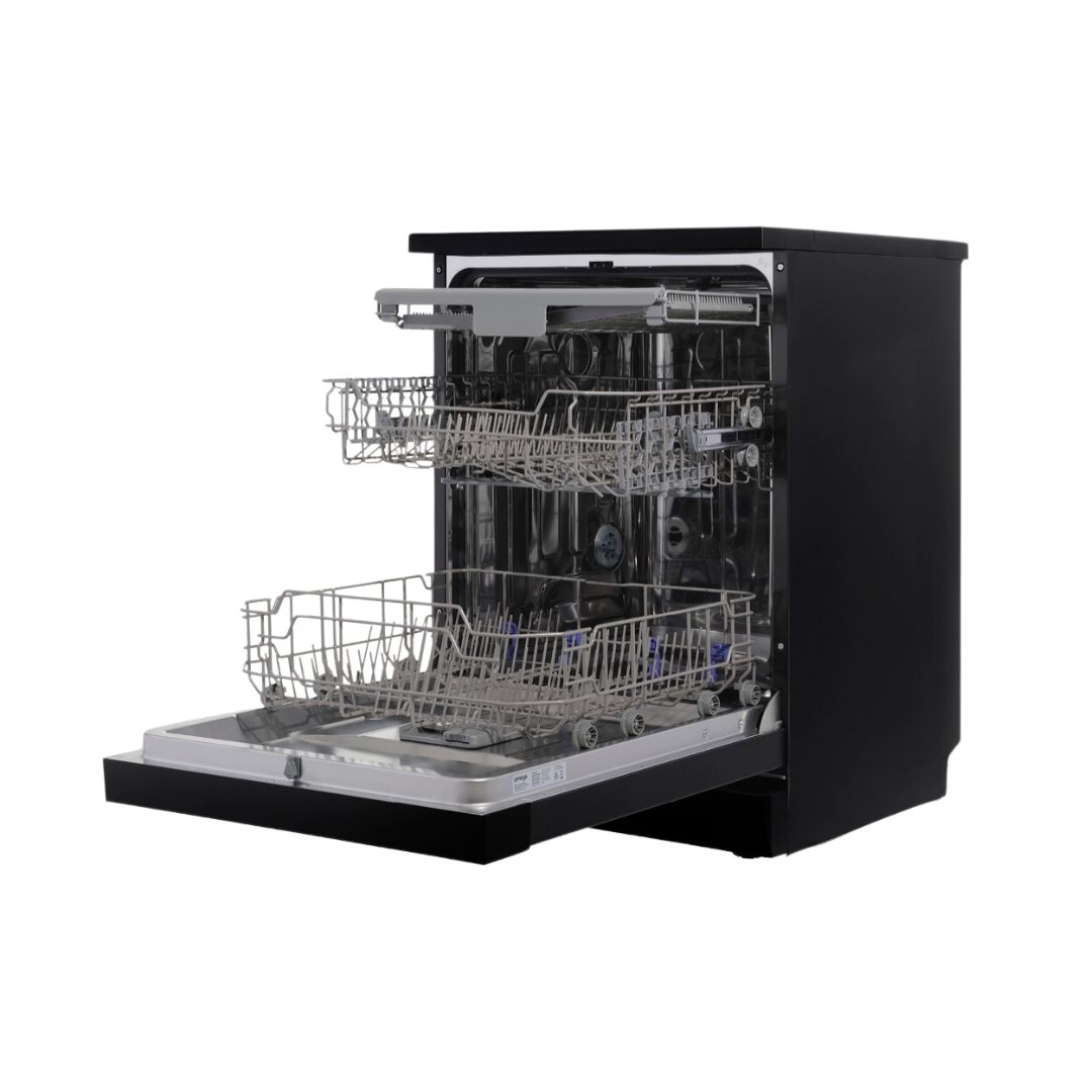 Omega ODWF6014BX Freestanding Dishwasher image at an angle with all compartments open 