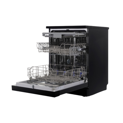 Omega ODWF6014BX Freestanding Dishwasher image at an angle with all compartments open 