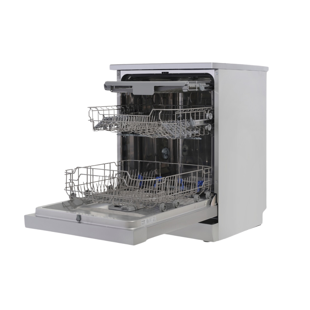 Omega ODWF6014X Freestanding Dishwasher image at an angle while the dishwasher is open