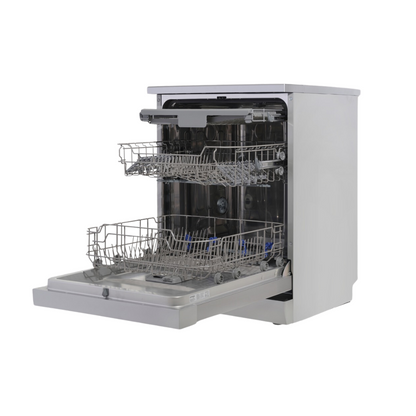 Omega ODWF6014X Freestanding Dishwasher image at an angle while the dishwasher is open