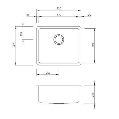 Oliveri Sonetto Single Bowl Under Mount Sink Stainless Steel