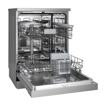 Westinghouse WSF6602XB Freestanding Dishwasher stainless steel, image of the dishwasher open and compartments on display