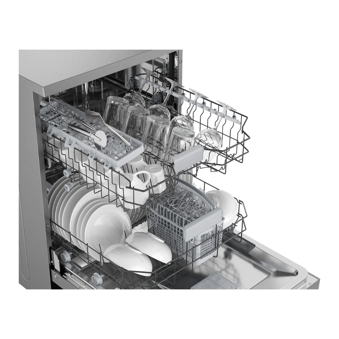 Westinghouse WSF6602XB Freestanding Dishwasher at an angle and open showcasing full capacity